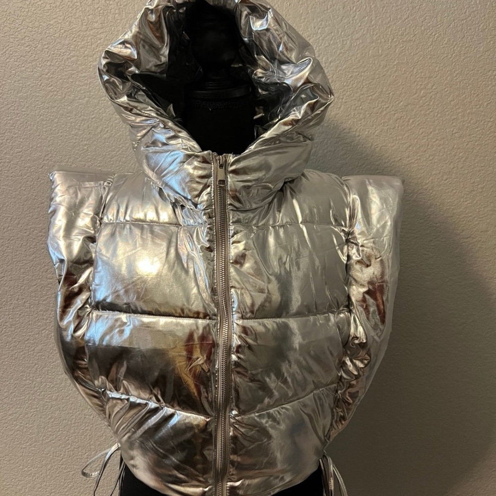 Metallic Silver Puffer Hooded Vest